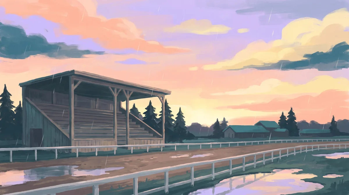 Painted view of an empty wooden grandstand beside a dirt track after the racing season, evergreens and a pastel sky clearing after rain