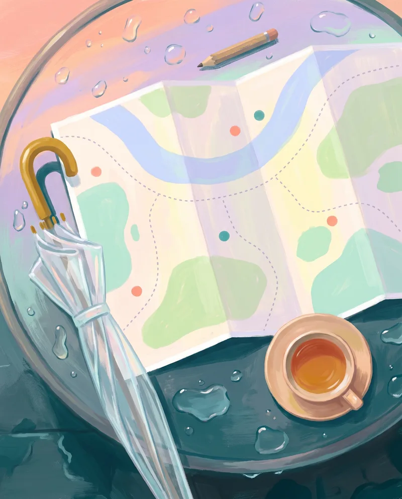 Painted flat-lay of an unfolded paper map with six marked dots on a café table after rain, a folded umbrella and a cup of tea beside it