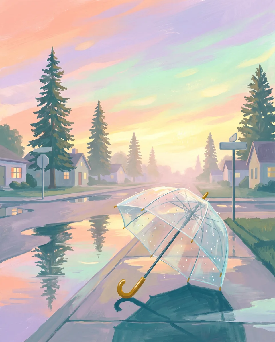 Painted illustration of an open clear umbrella on a wet cedar-lined street under a pastel sunset sky